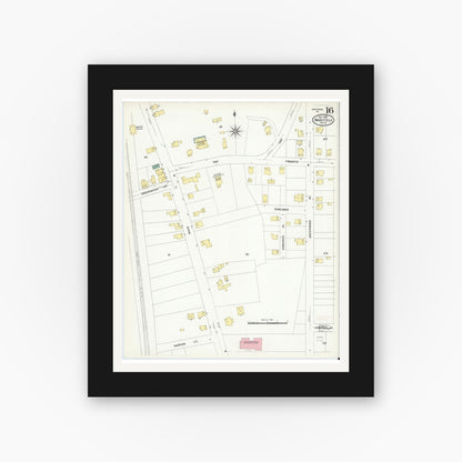 Old map wall art mockup — black gallery frame with white mat — Sanborn Fire Insurance Map from Wakefield, Middlesex County, Massachusetts (1909), Sheet #0016