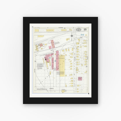 Old map wall art mockup — black gallery frame with white mat — Sanborn Fire Insurance Map from Adrian, Lenawee County, Michigan (1916), Sheet #0025