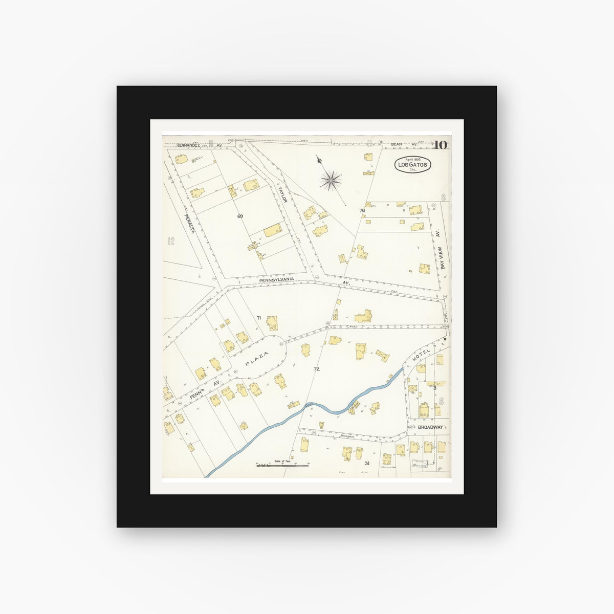 Old map wall art mockup — black gallery frame with white mat — Sanborn Fire Insurance Map from Los Gatos, Santa Clara County, California (1895), Sheet #0010