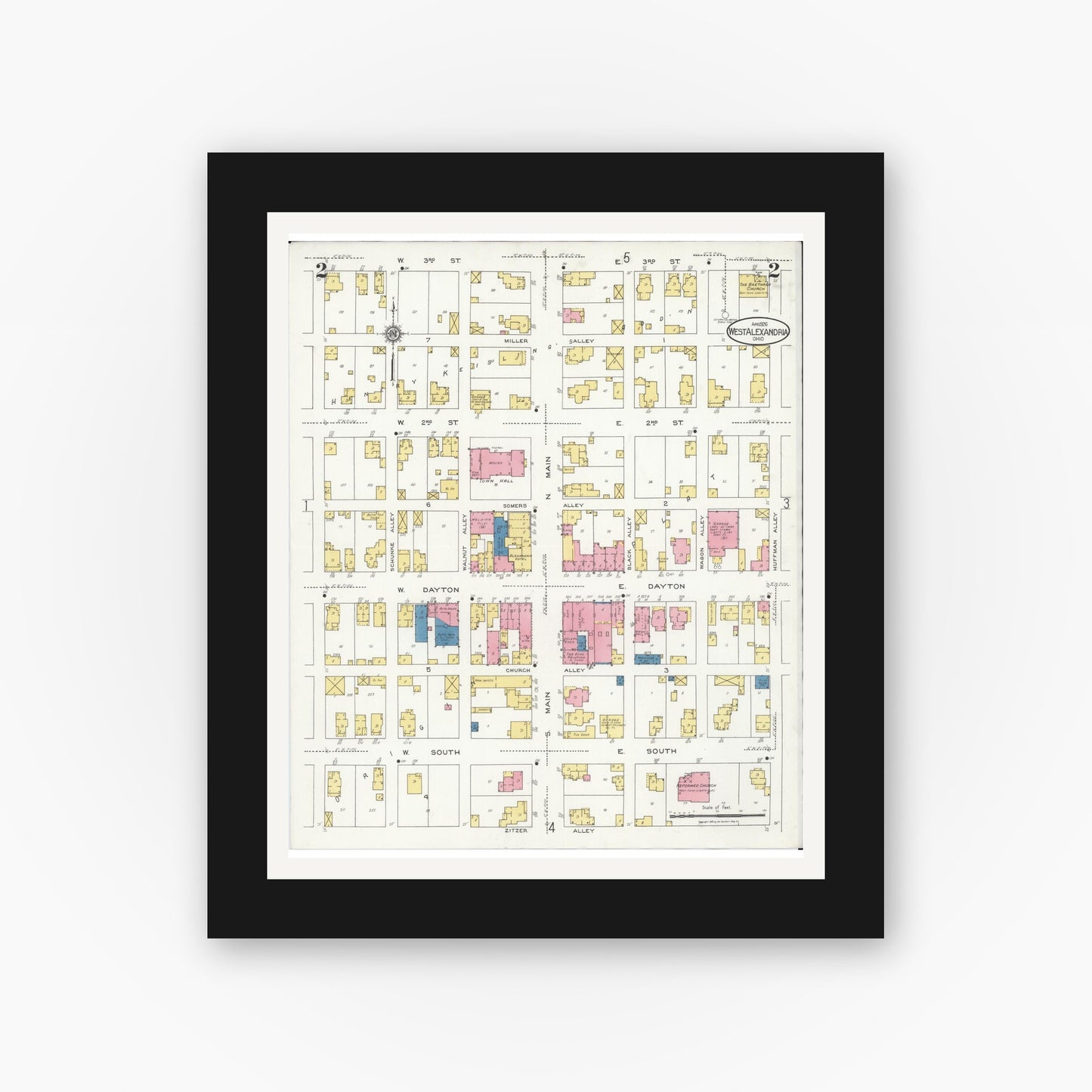 Old map wall art mockup — black gallery frame with white mat — Sanborn Fire Insurance Map from West Alexandria, Preble County, Ohio (1926), Sheet #0002