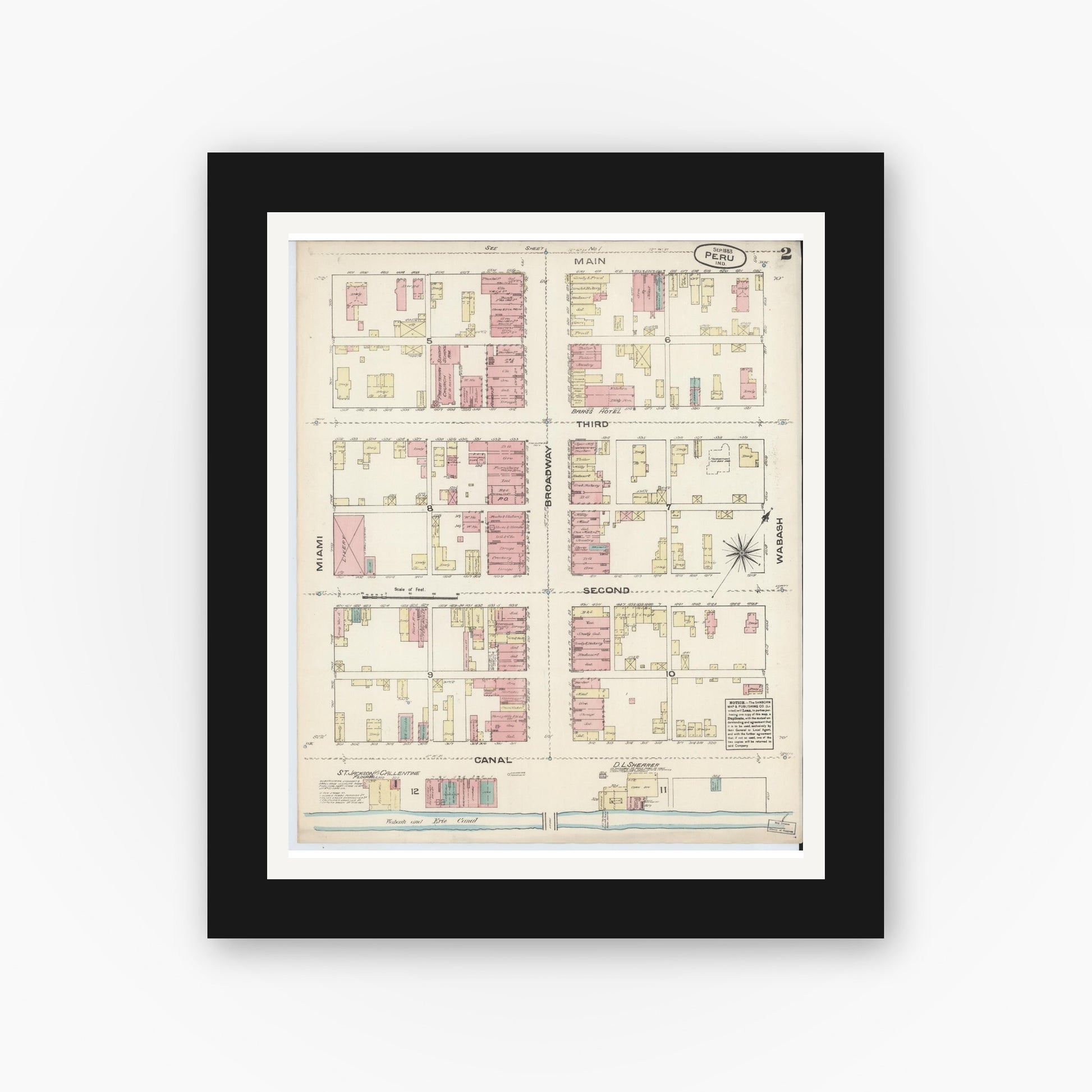 Old map wall art mockup — black gallery frame with white mat — Sanborn Fire Insurance Map from Peru, Miami County, Indiana (1883), Sheet #0002