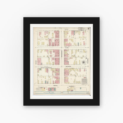 Old map wall art mockup — black gallery frame with white mat — Sanborn Fire Insurance Map from Peru, Miami County, Indiana (1883), Sheet #0002