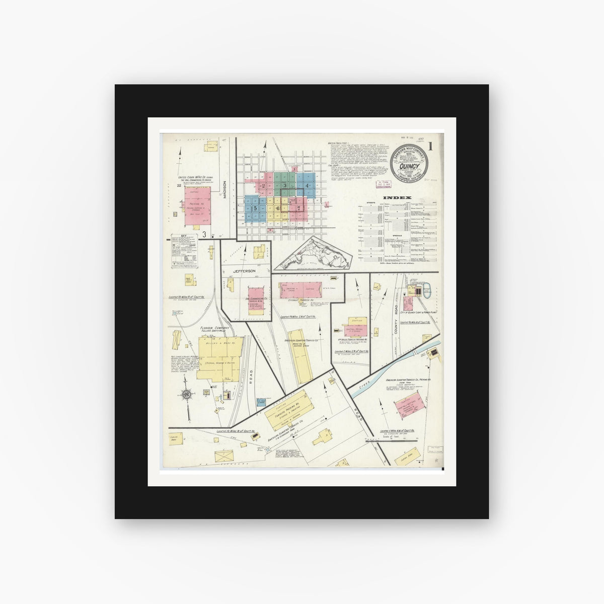 Old map wall art mockup — black gallery frame with white mat — Sanborn Fire Insurance Map from Quincy, Gadsden County, Florida (1913) - Complete Map Set