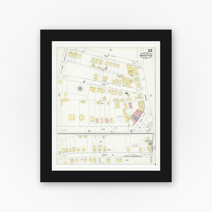 Old map wall art mockup — black gallery frame with white mat — Sanborn Fire Insurance Map from Morristown, Morris County, New Jersey (1909), Sheet #0013