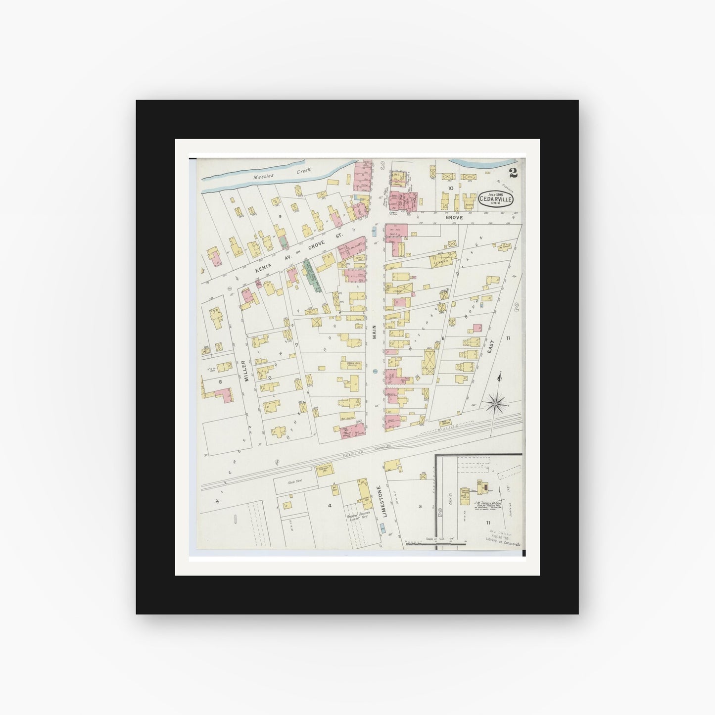 Old map wall art mockup — black gallery frame with white mat — Sanborn Fire Insurance Map from Cedarville, Greene County, Ohio (1895), Sheet #0002