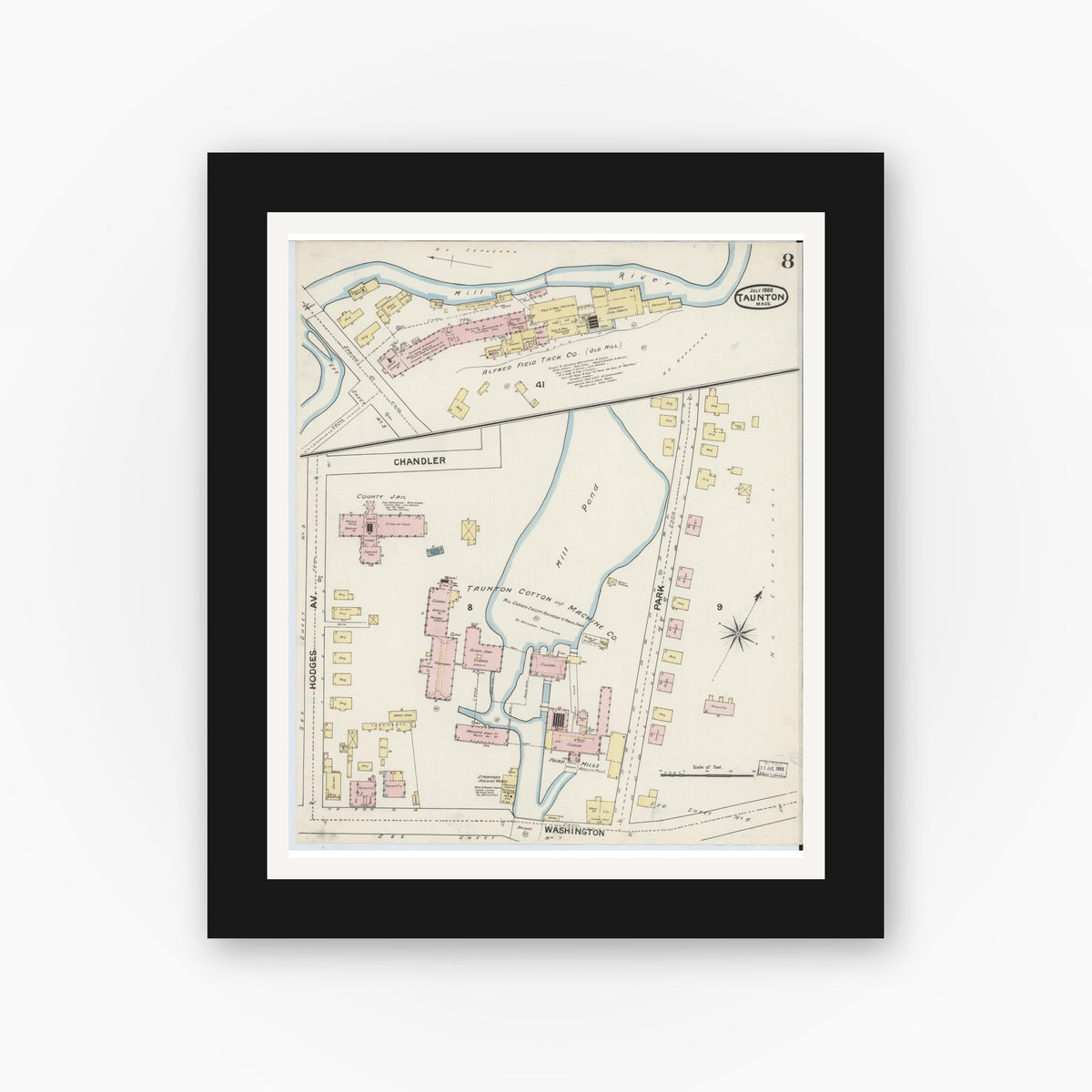Old map wall art mockup — black gallery frame with white mat — Sanborn Fire Insurance Map from Taunton, Bristol County, Massachusetts (1888), Sheet #0008