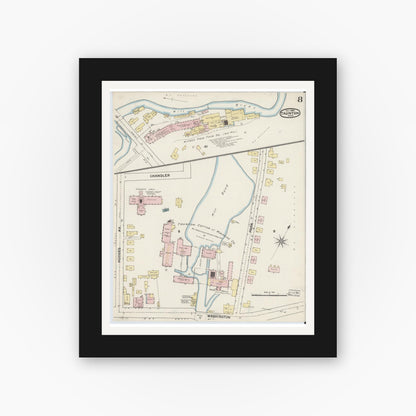 Old map wall art mockup — black gallery frame with white mat — Sanborn Fire Insurance Map from Taunton, Bristol County, Massachusetts (1888), Sheet #0008