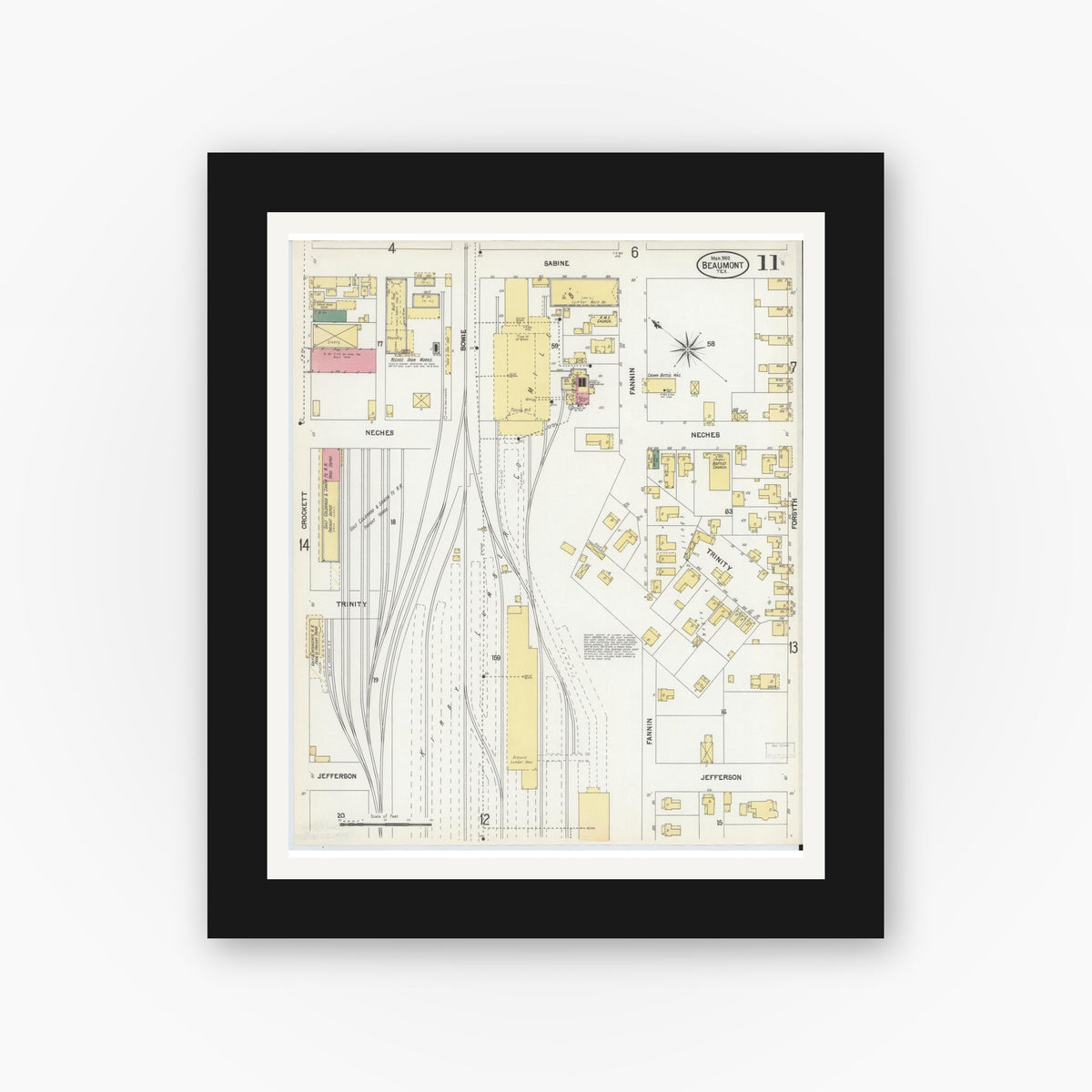 Old map wall art mockup — black gallery frame with white mat — Sanborn Fire Insurance Map from Beaumont, Jefferson County, Texas (1902), Sheet #0011
