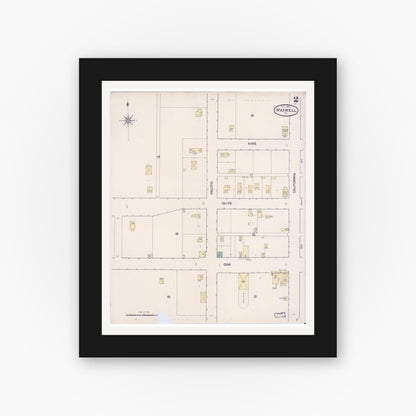 Old map wall art mockup — black gallery frame with white mat — Sanborn Fire Insurance Map from Maxwell, Colusa County, California (1889), Sheet #0002