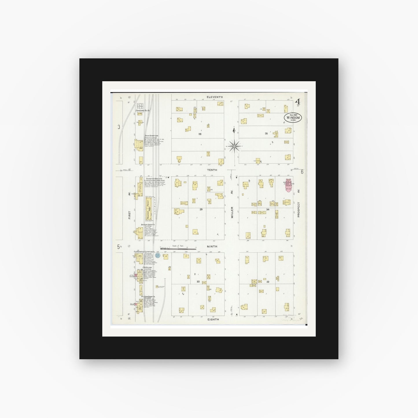 Old map wall art mockup — black gallery frame with white mat — Sanborn Fire Insurance Map from Windom, Cottonwood County, Minnesota (1907), Sheet #0004