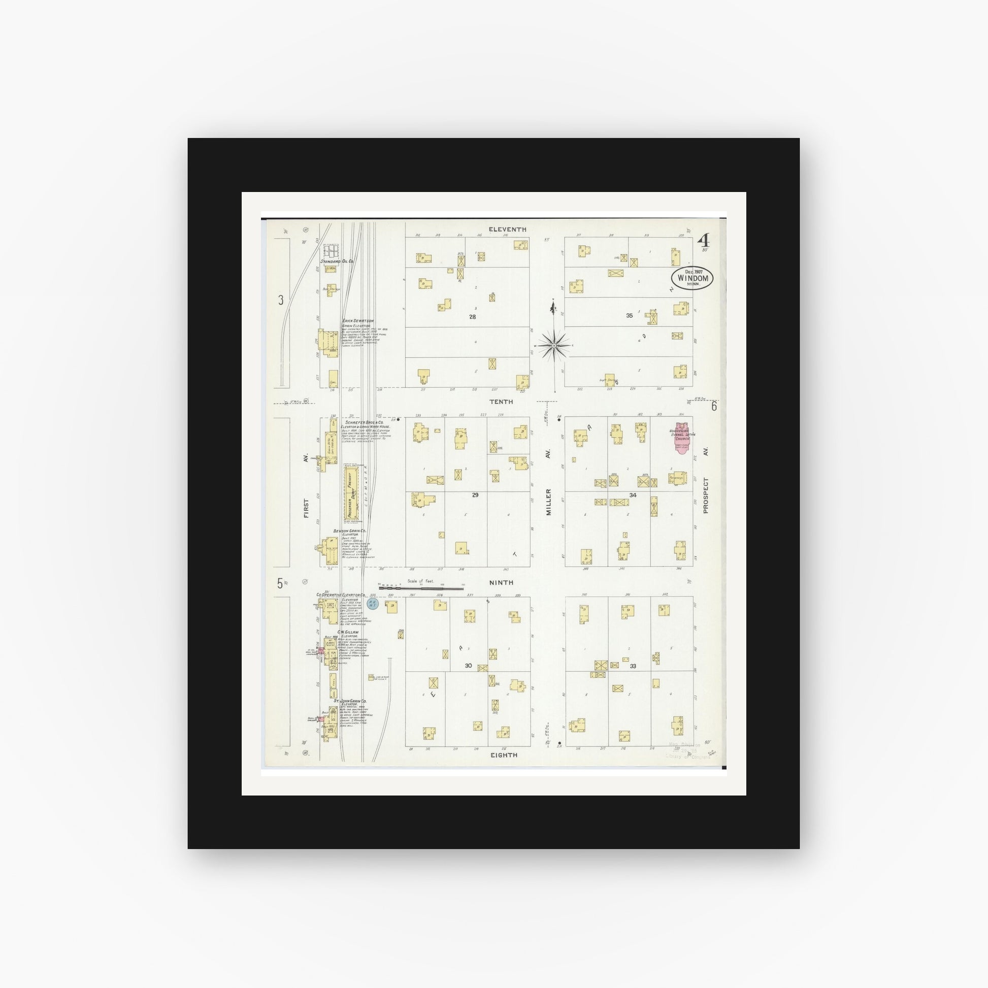 Old map wall art mockup — black gallery frame with white mat — Sanborn Fire Insurance Map from Windom, Cottonwood County, Minnesota (1907), Sheet #0004