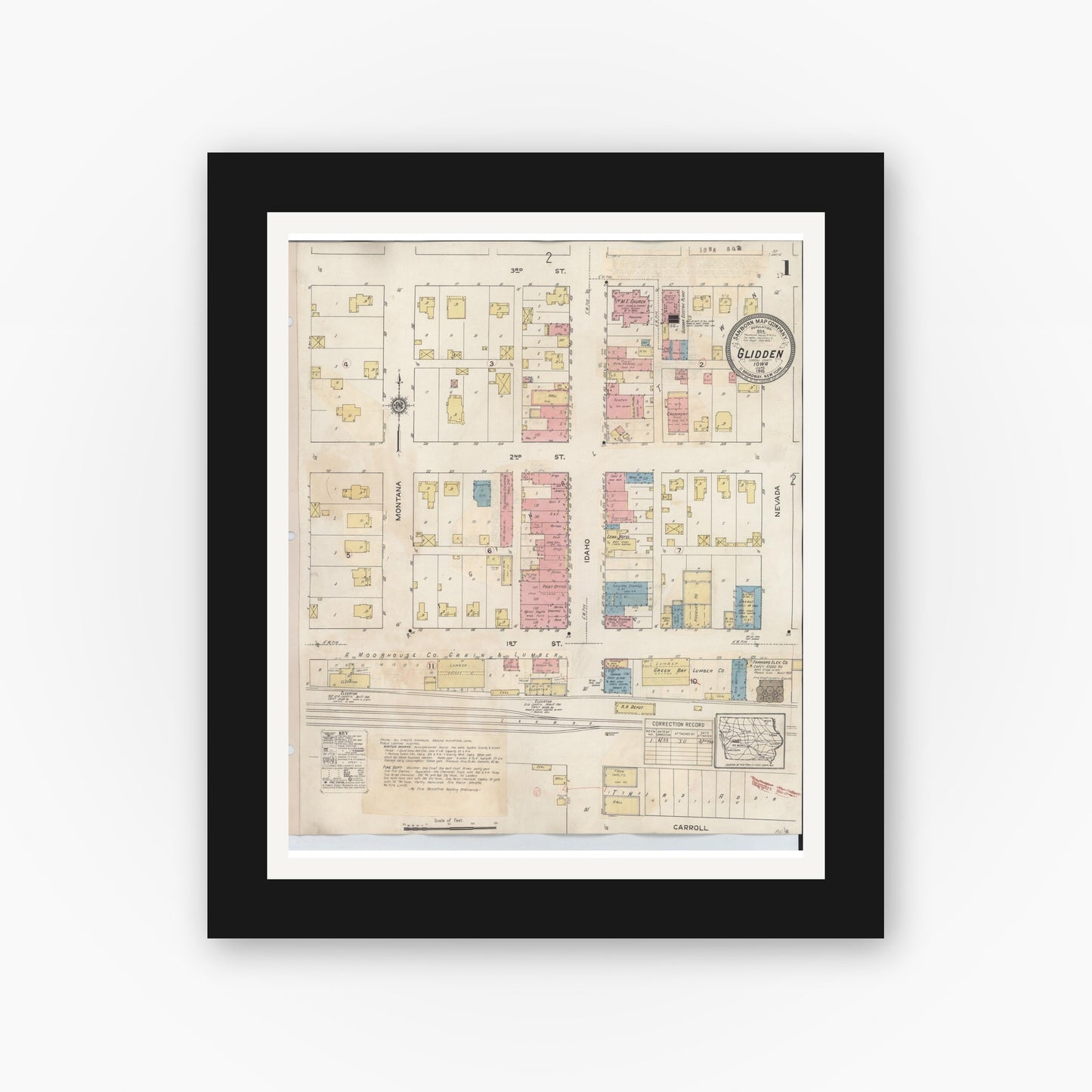 Old map wall art mockup — black gallery frame with white mat — Sanborn Fire Insurance Map from Glidden, Carroll County, Iowa (1933) â€” Complete Set