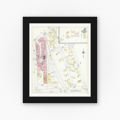 Old map wall art mockup — black gallery frame with white mat — Sanborn Fire Insurance Map from Gardner, Worcester County, Massachusetts (1914), Sheet #0011