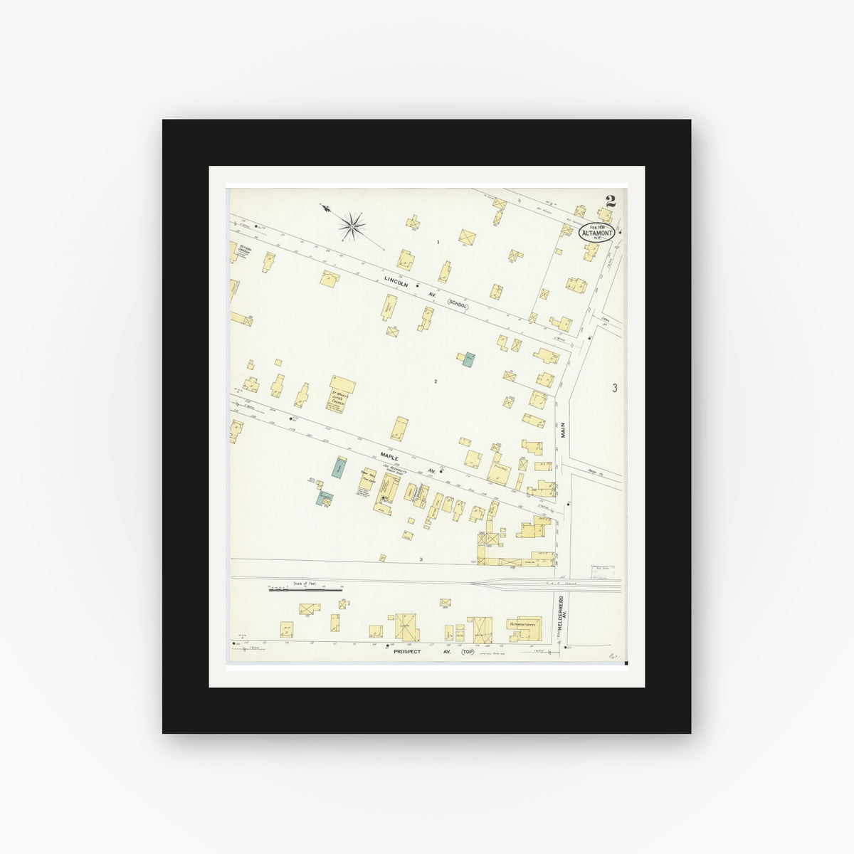 Old map wall art mockup — black gallery frame with white mat — Sanborn Fire Insurance Map from Altamont, Albany County, New York (1909), Sheet #0002