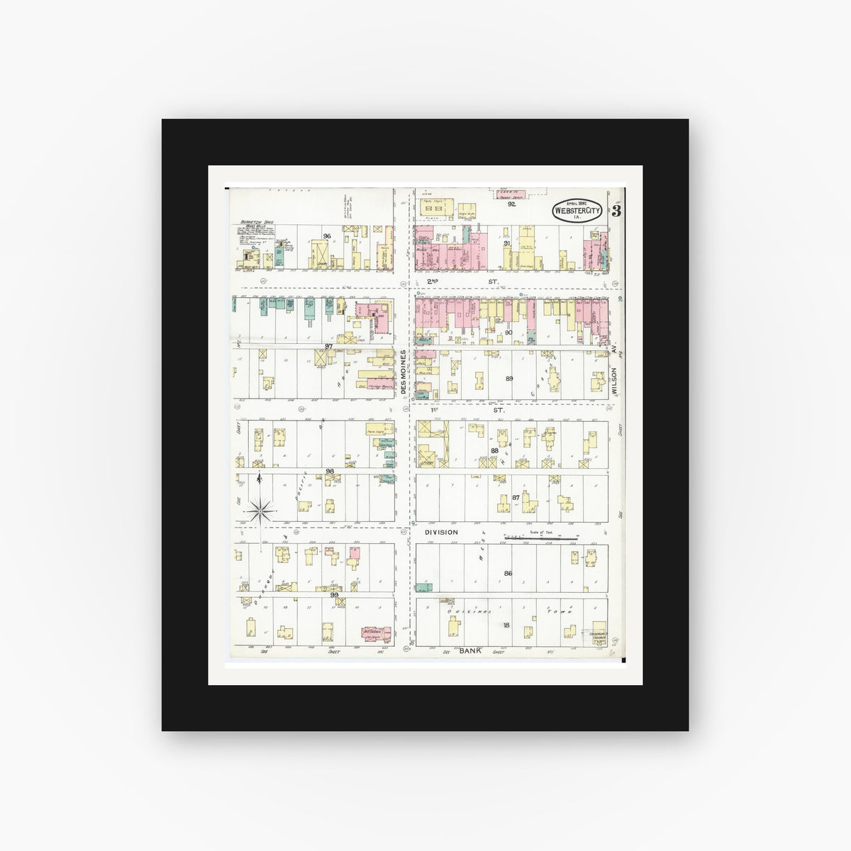 Old map wall art mockup — black gallery frame with white mat — Sanborn Fire Insurance Map from Webster City, Hamilton County, Iowa (1892), Sheet #0003