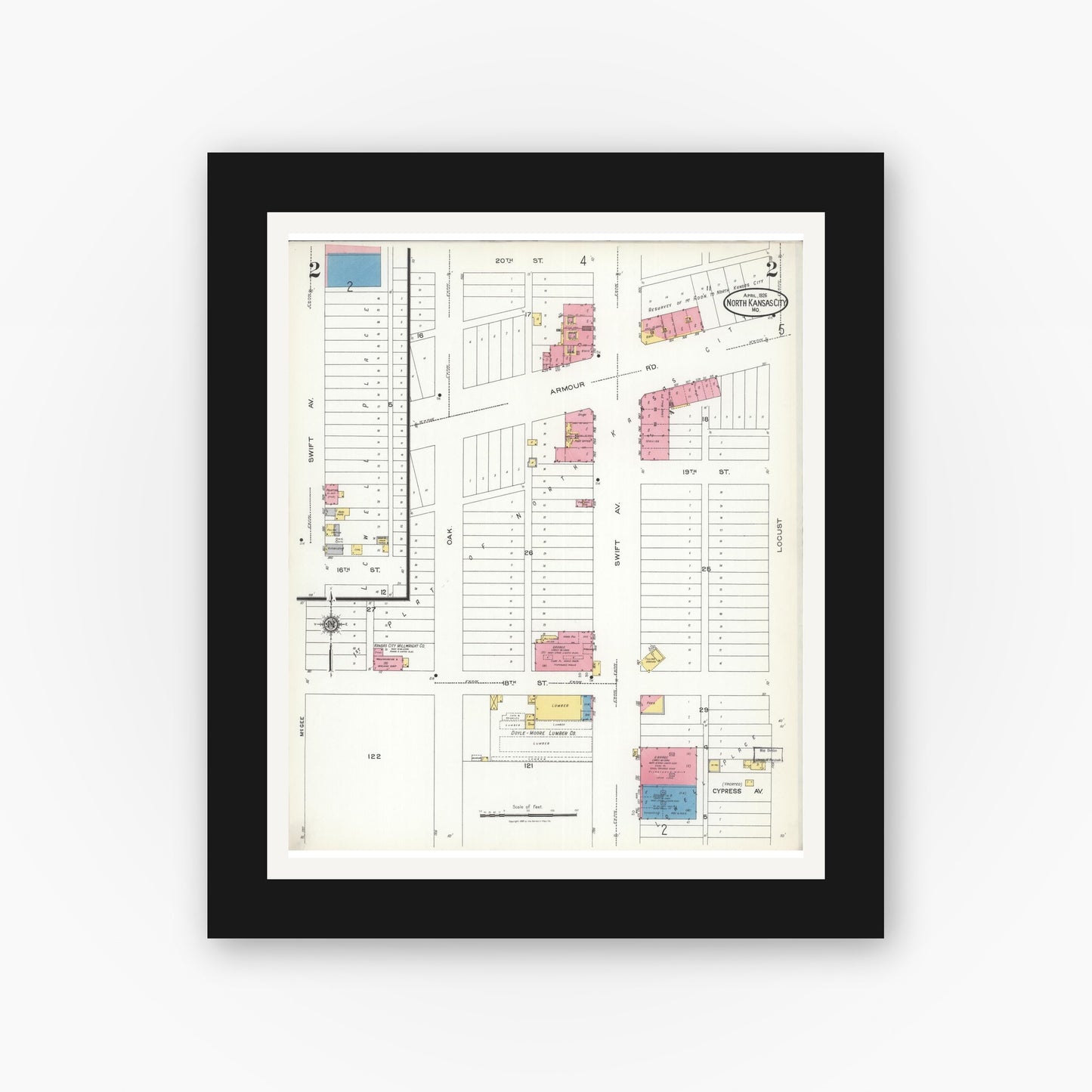 Old map wall art mockup — black gallery frame with white mat — Sanborn Fire Insurance Map from North Kansas City, Clay County, Missouri (1926), Sheet #0002