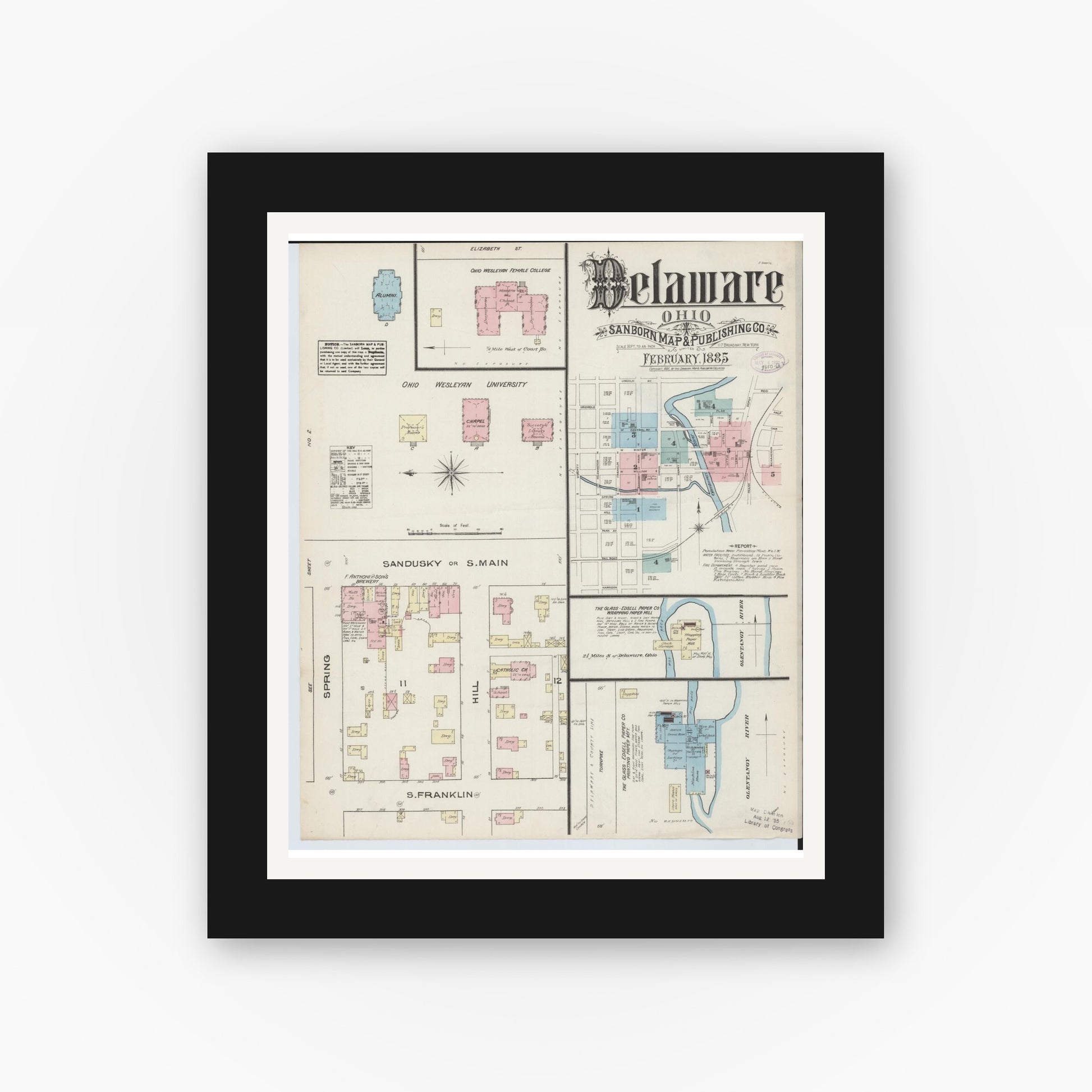 Old map wall art mockup — black gallery frame with white mat — Sanborn Fire Insurance Map from Delaware, Delaware County, Ohio (1885), Sheet #0001