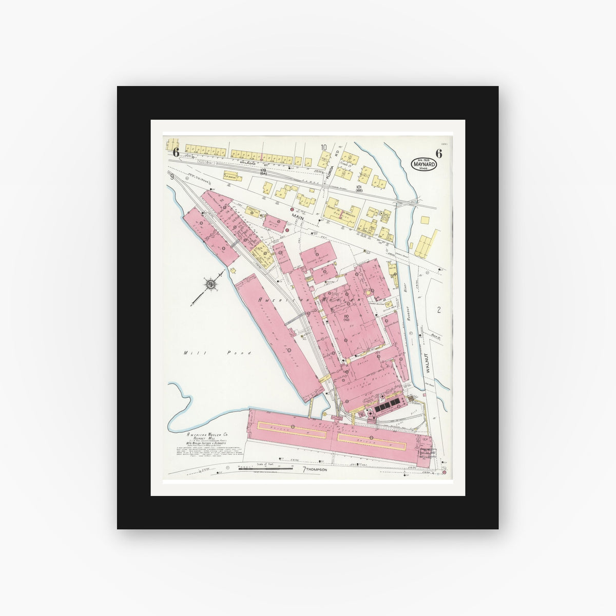 Old map wall art mockup — black gallery frame with white mat — Sanborn Fire Insurance Map from Maynard, Middlesex County, Massachusetts (1924), Sheet #0006