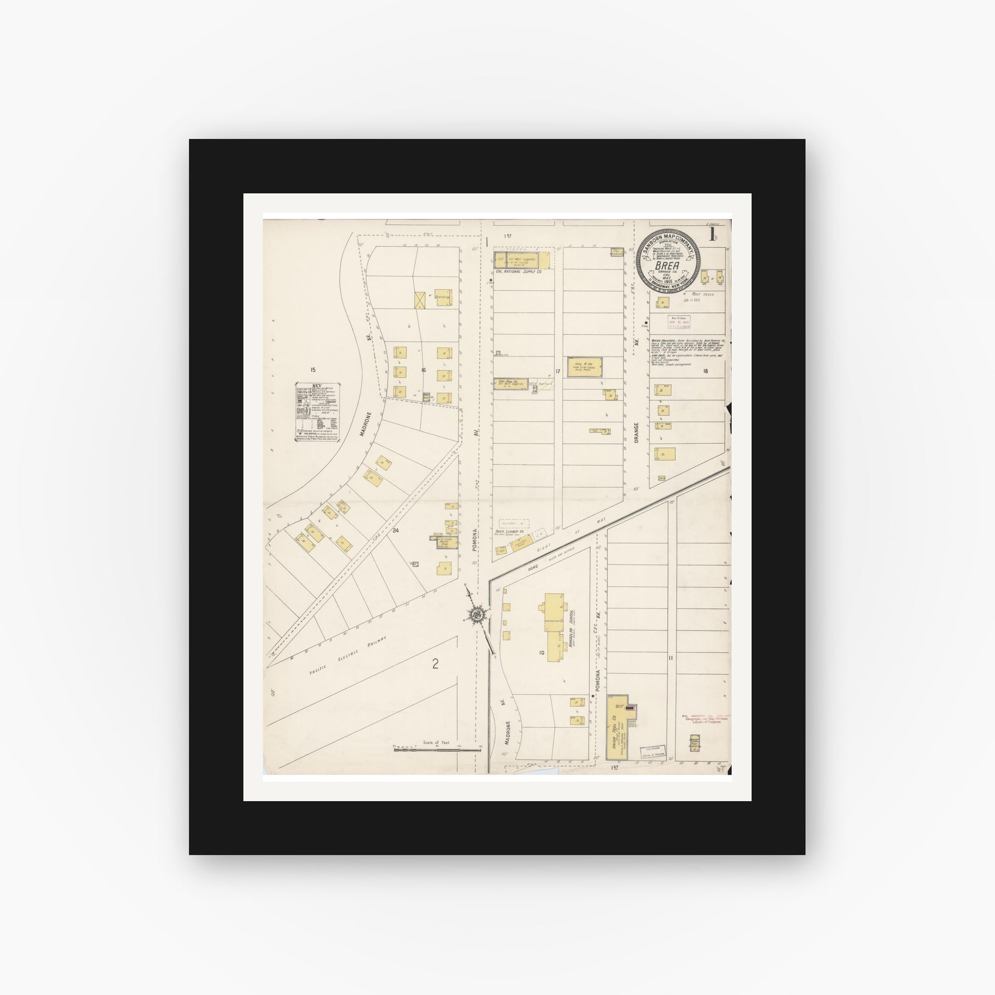 Old map wall art mockup — black gallery frame with white mat — Sanborn Fire Insurance Map from Brea, Orange County, California (1915) - Complete Map Set
