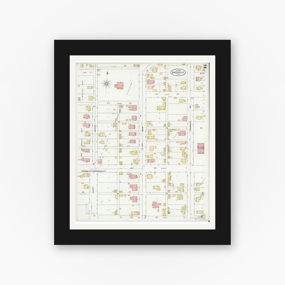 Old map wall art mockup — black gallery frame with white mat — Sanborn Fire Insurance Map from Brookville, Franklin County, Indiana (1899), Sheet #0002