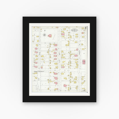 Old map wall art mockup — black gallery frame with white mat — Sanborn Fire Insurance Map from Brookville, Franklin County, Indiana (1899), Sheet #0002