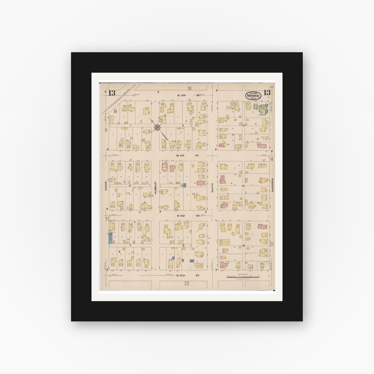 Old map wall art mockup — black gallery frame with white mat — Sanborn Fire Insurance Map from Monroe, Monroe County, Michigan (1922), Sheet #0013