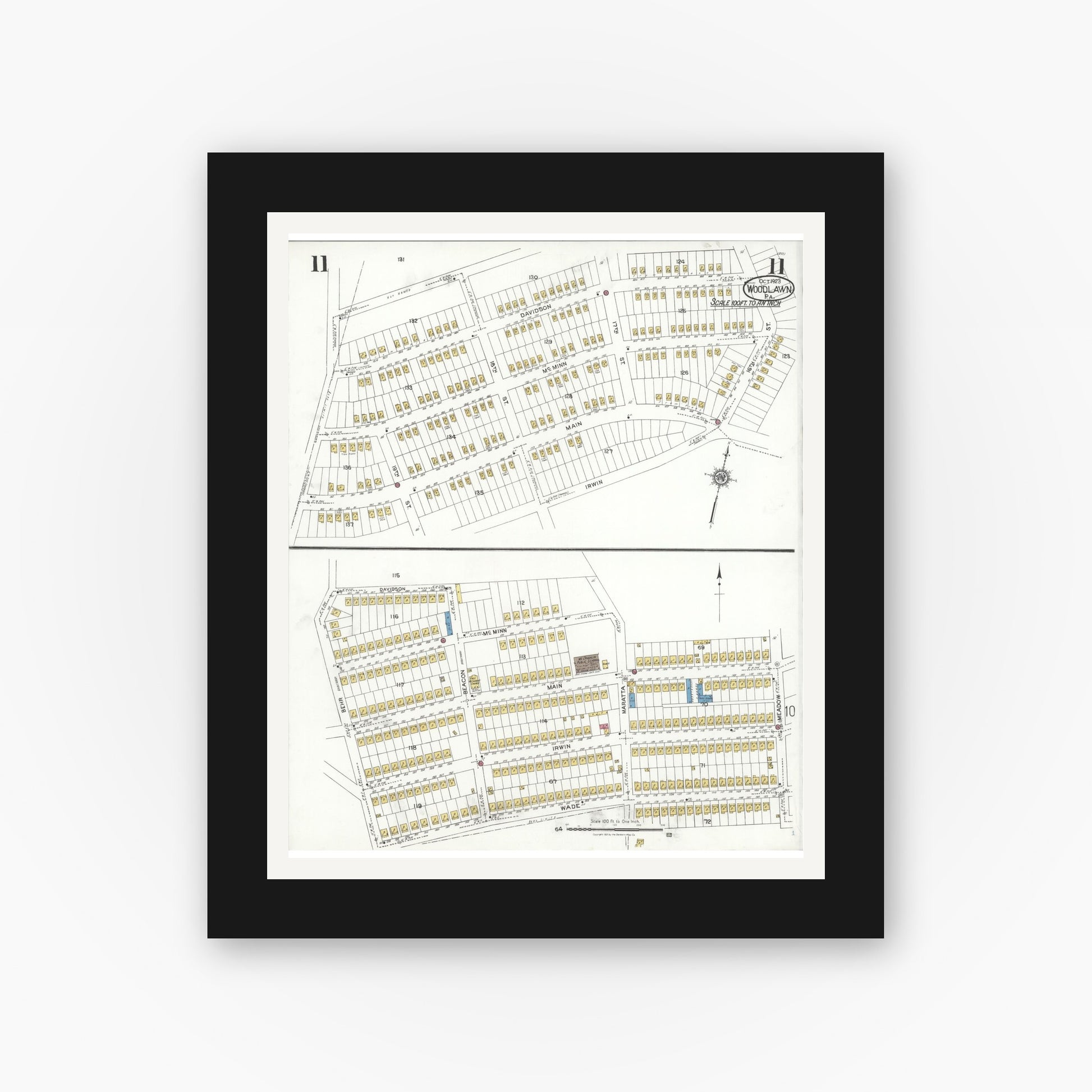 Old map wall art mockup — black gallery frame with white mat — Sanborn Fire Insurance Map from Woodlawn, Beaver County, Pennsylvania (1923), Sheet #0011