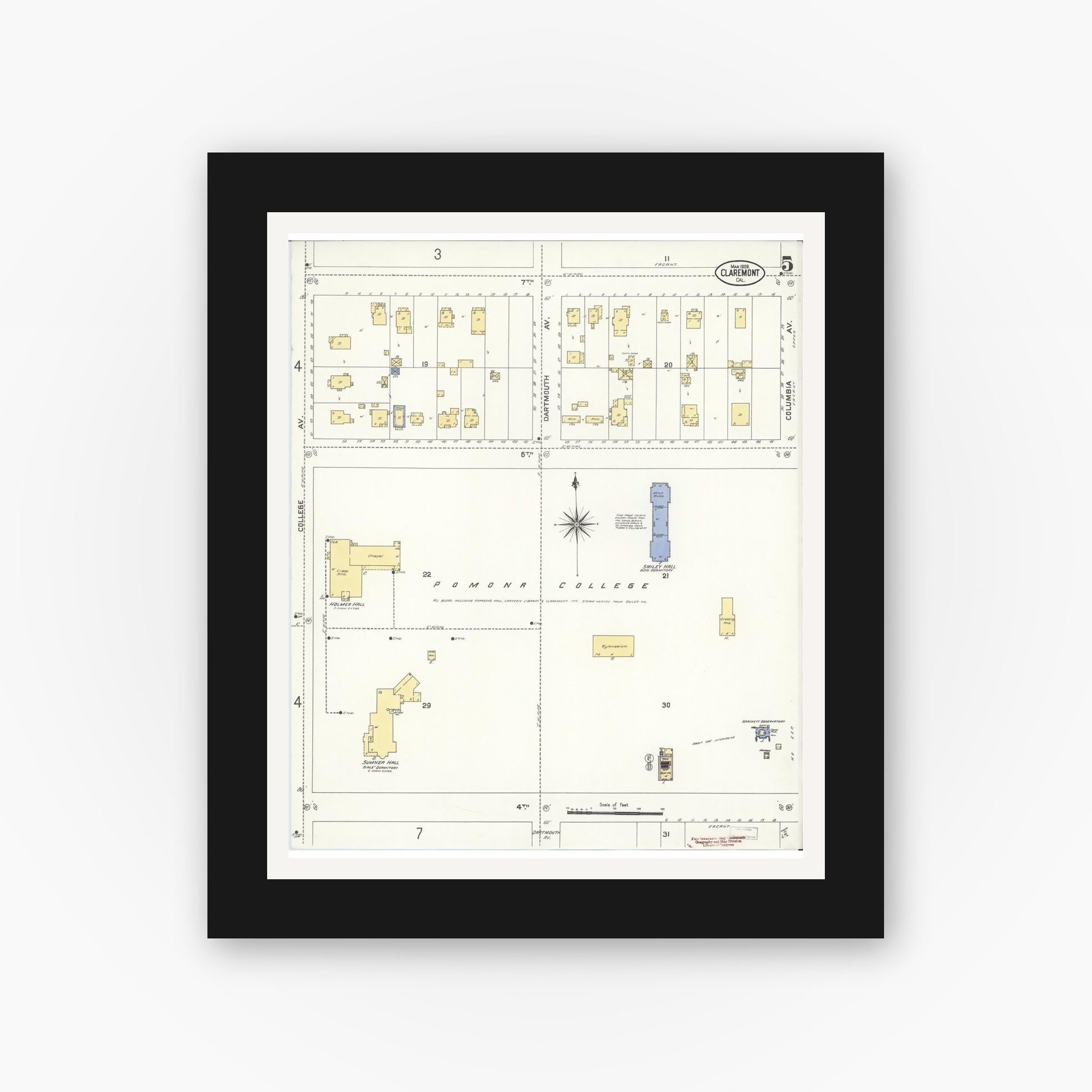 Old map wall art mockup — black gallery frame with white mat — Sanborn Fire Insurance Map from Claremont, Los Angeles County, California (1909), Sheet #0005