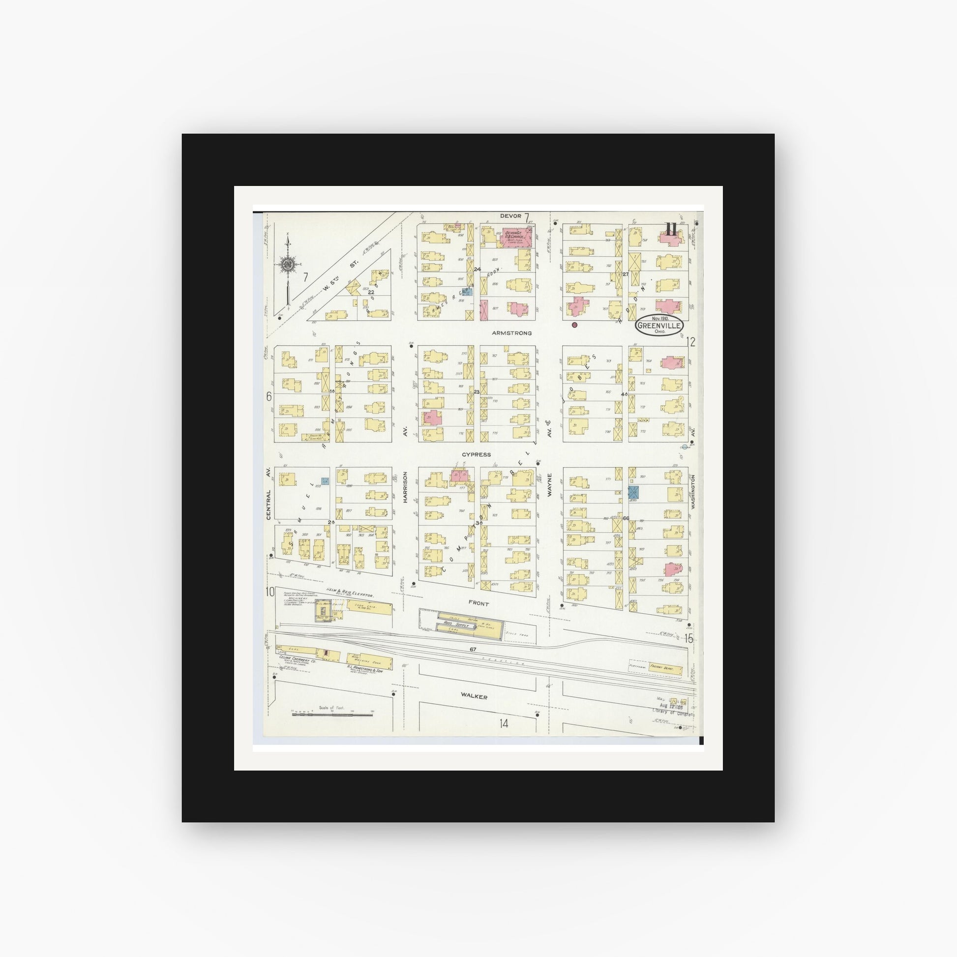 Old map wall art mockup — black gallery frame with white mat — Sanborn Fire Insurance Map from Greenville, Darke County, Ohio (1910), Sheet #0011