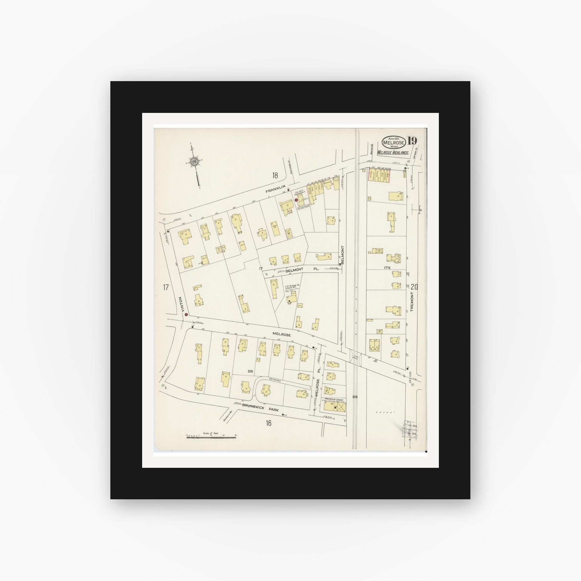 Old map wall art mockup — black gallery frame with white mat — Sanborn Fire Insurance Map from Melrose, Middlesex County, Massachusetts (1915), Sheet #0019