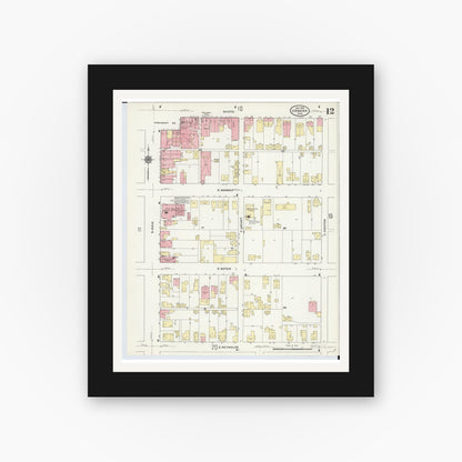 Old map wall art mockup — black gallery frame with white mat — Sanborn Fire Insurance Map from Urbana, Champaign County, Ohio (1910), Sheet #0012