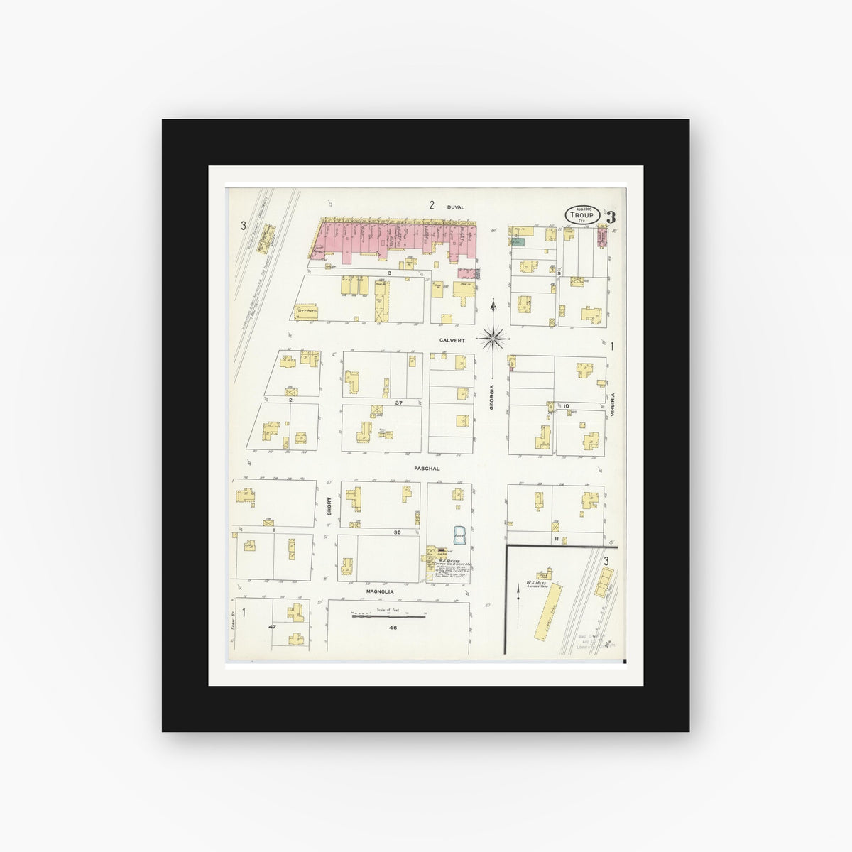 Old map wall art mockup — black gallery frame with white mat — Sanborn Fire Insurance Map from Troup, Smith County, Texas (1909), Sheet #0003