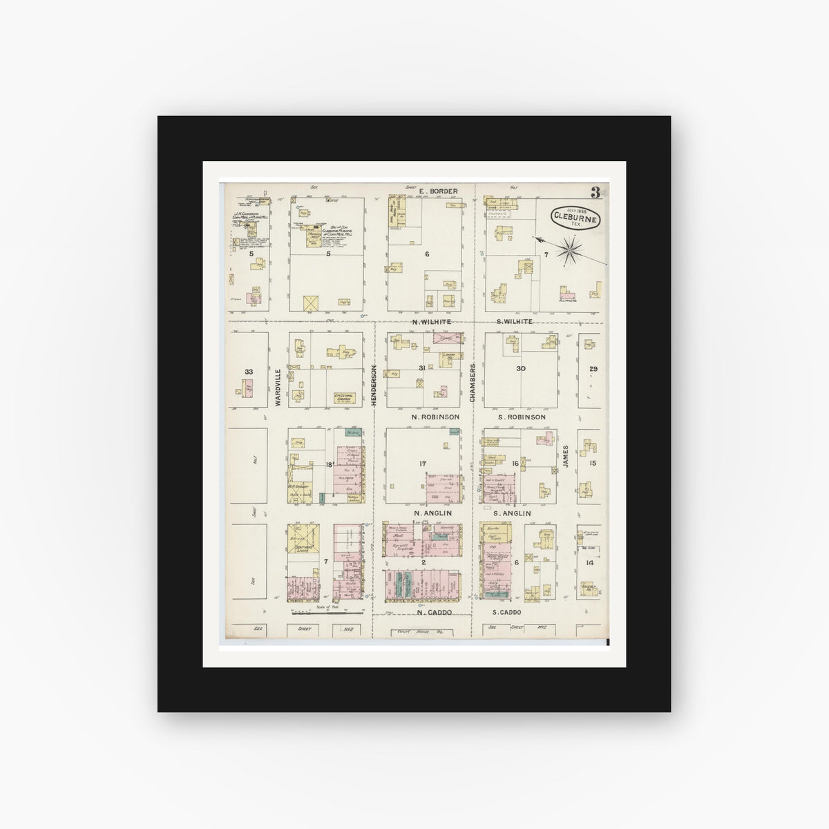 Old map wall art mockup — black gallery frame with white mat — Sanborn Fire Insurance Map from Cleburne, Johnson County, Texas (1888), Sheet #0003