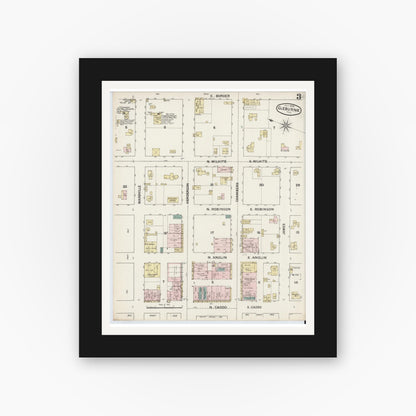 Old map wall art mockup — black gallery frame with white mat — Sanborn Fire Insurance Map from Cleburne, Johnson County, Texas (1888), Sheet #0003
