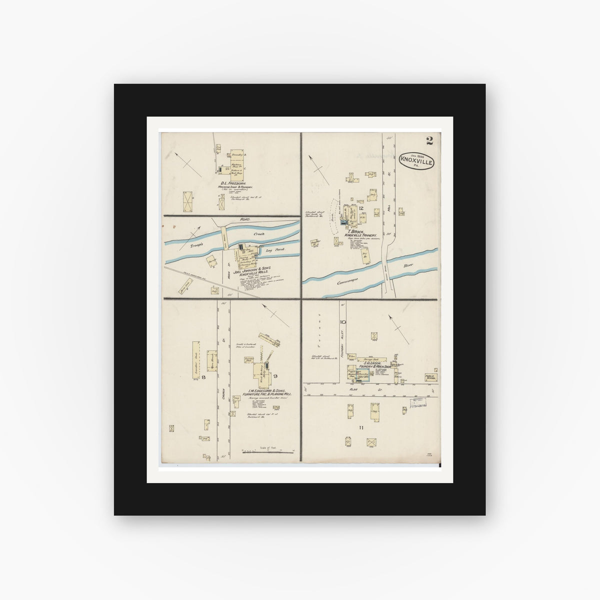 Old map wall art mockup — black gallery frame with white mat — Sanborn Fire Insurance Map from Knoxville, Tioga County, Pennsylvania (1886), Sheet #0002