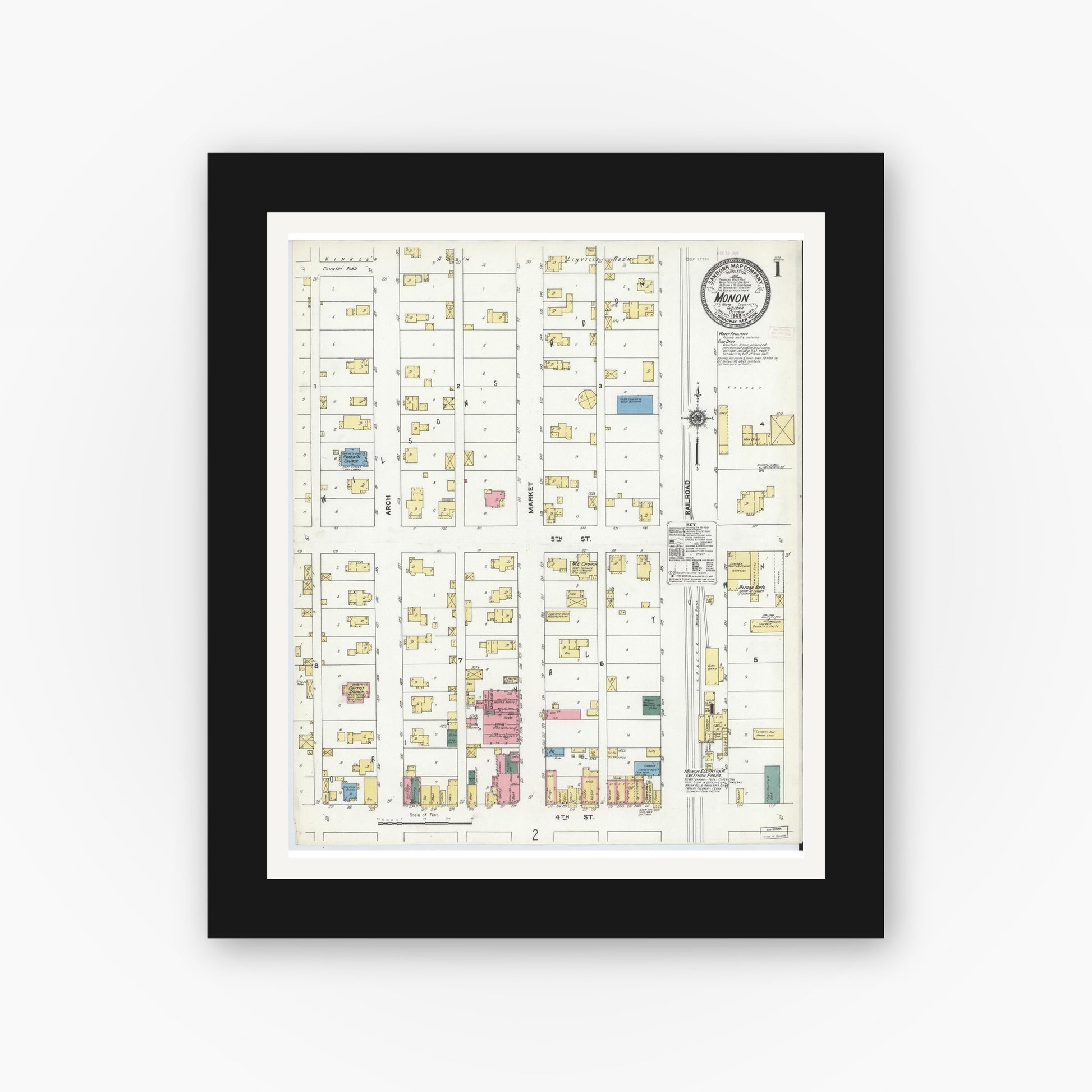 Old map wall art mockup — black gallery frame with white mat — Sanborn Fire Insurance Map from Monon, White County, Indiana (1909), Sheet #0001