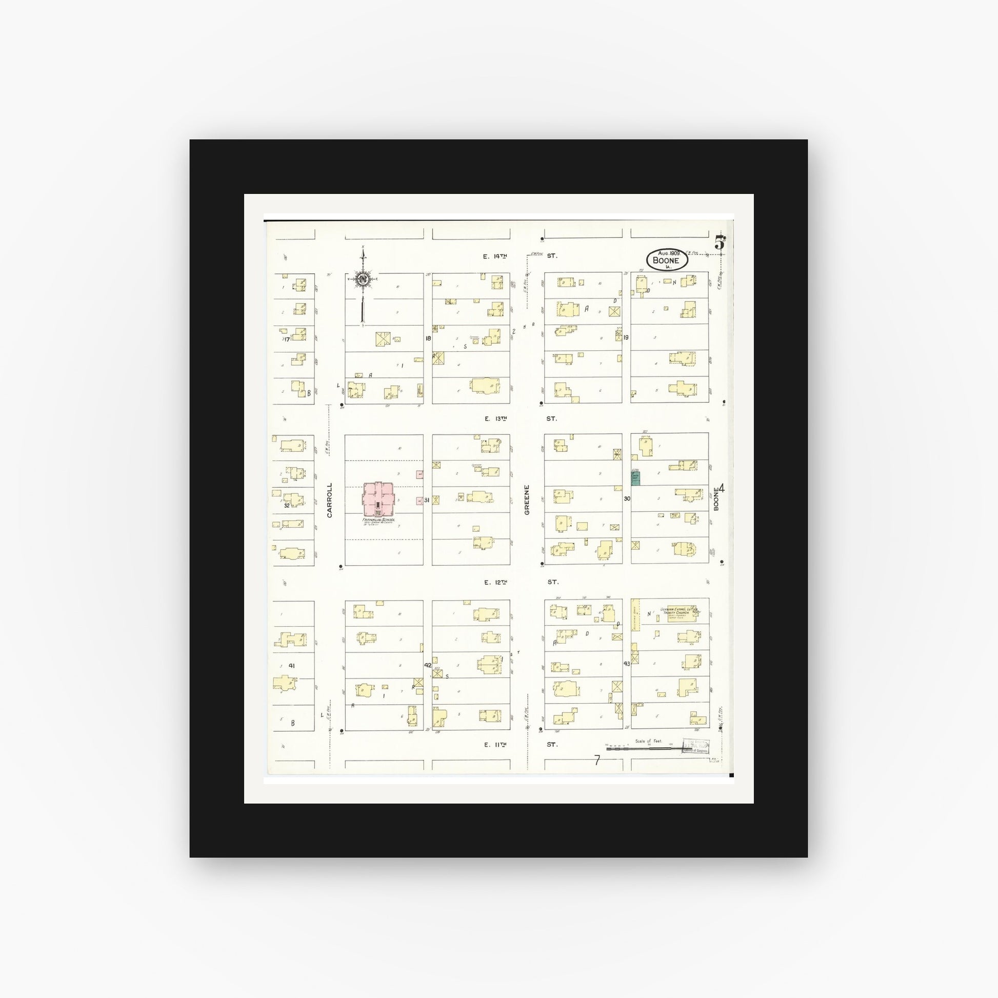 Old map wall art mockup — black gallery frame with white mat — Sanborn Fire Insurance Map from Boone, Boone County, Iowa (1909), Sheet #0005