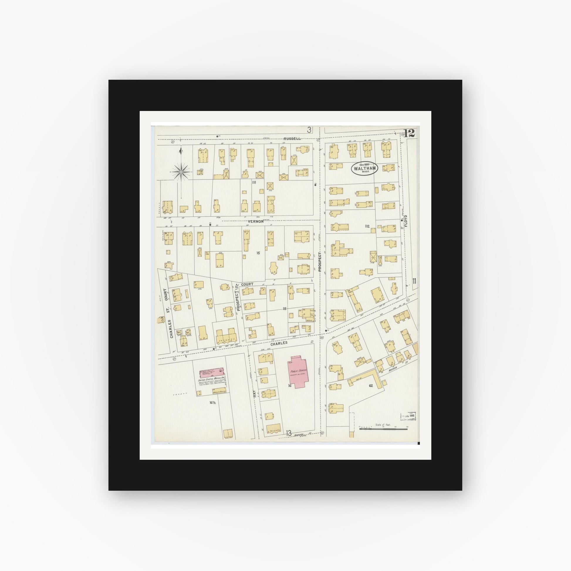 Old map wall art mockup — black gallery frame with white mat — Sanborn Fire Insurance Map from Waltham, Middlesex County, Massachusetts (1897), Sheet #0012
