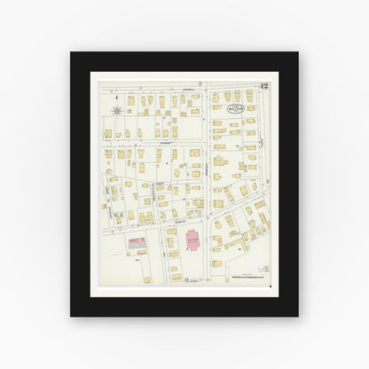 Old map wall art mockup — black gallery frame with white mat — Sanborn Fire Insurance Map from Waltham, Middlesex County, Massachusetts (1897), Sheet #0012