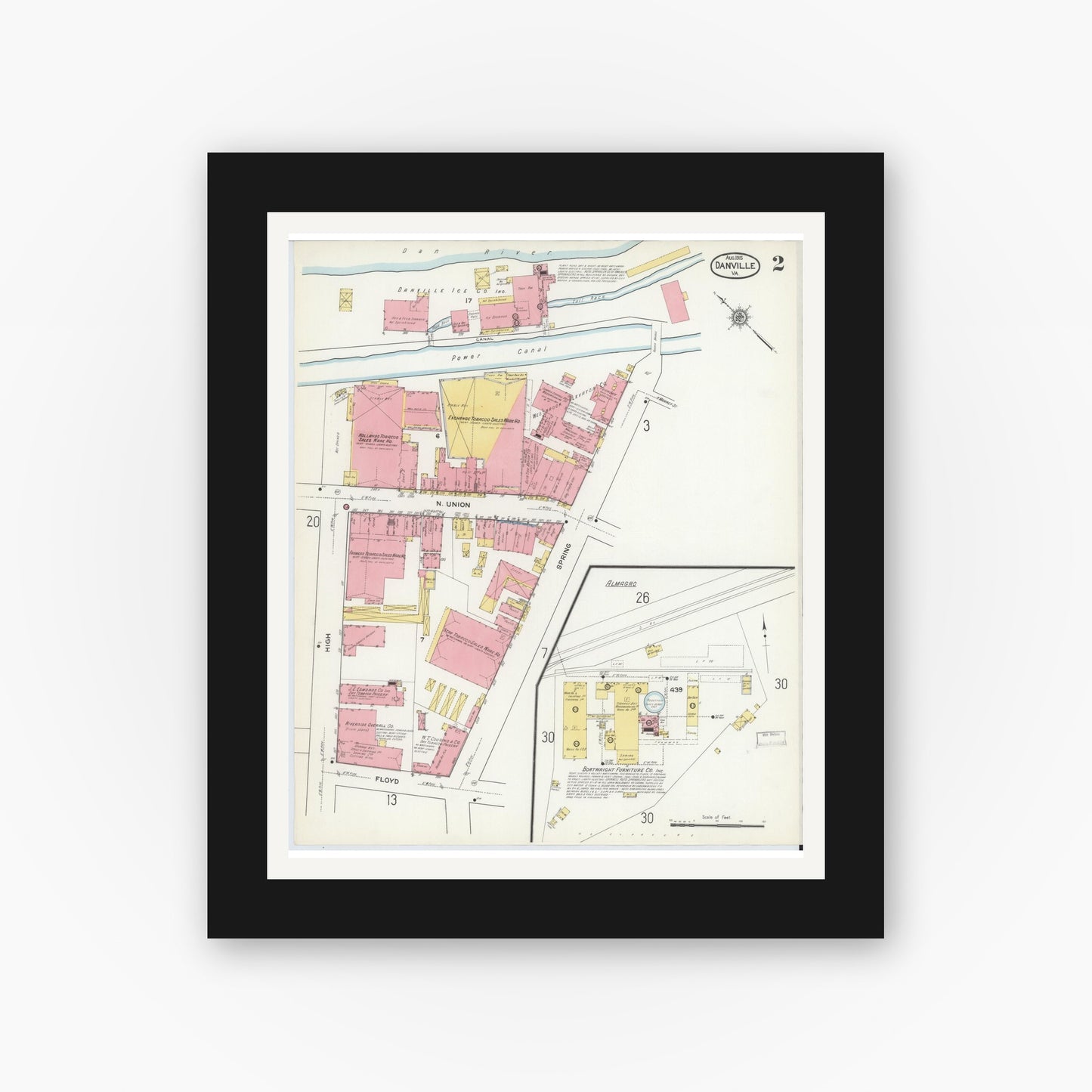 Old map wall art mockup — black gallery frame with white mat — Sanborn Fire Insurance Map from Danville, Independent Cities, Virginia (1915), Sheet #0002