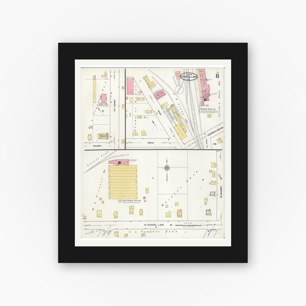 Old map wall art mockup — black gallery frame with white mat — Sanborn Fire Insurance Map from Crystal Lake, McHenry County, Illinois (1921), Sheet #0008
