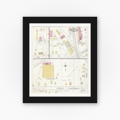 Old map wall art mockup — black gallery frame with white mat — Sanborn Fire Insurance Map from Crystal Lake, McHenry County, Illinois (1921), Sheet #0008