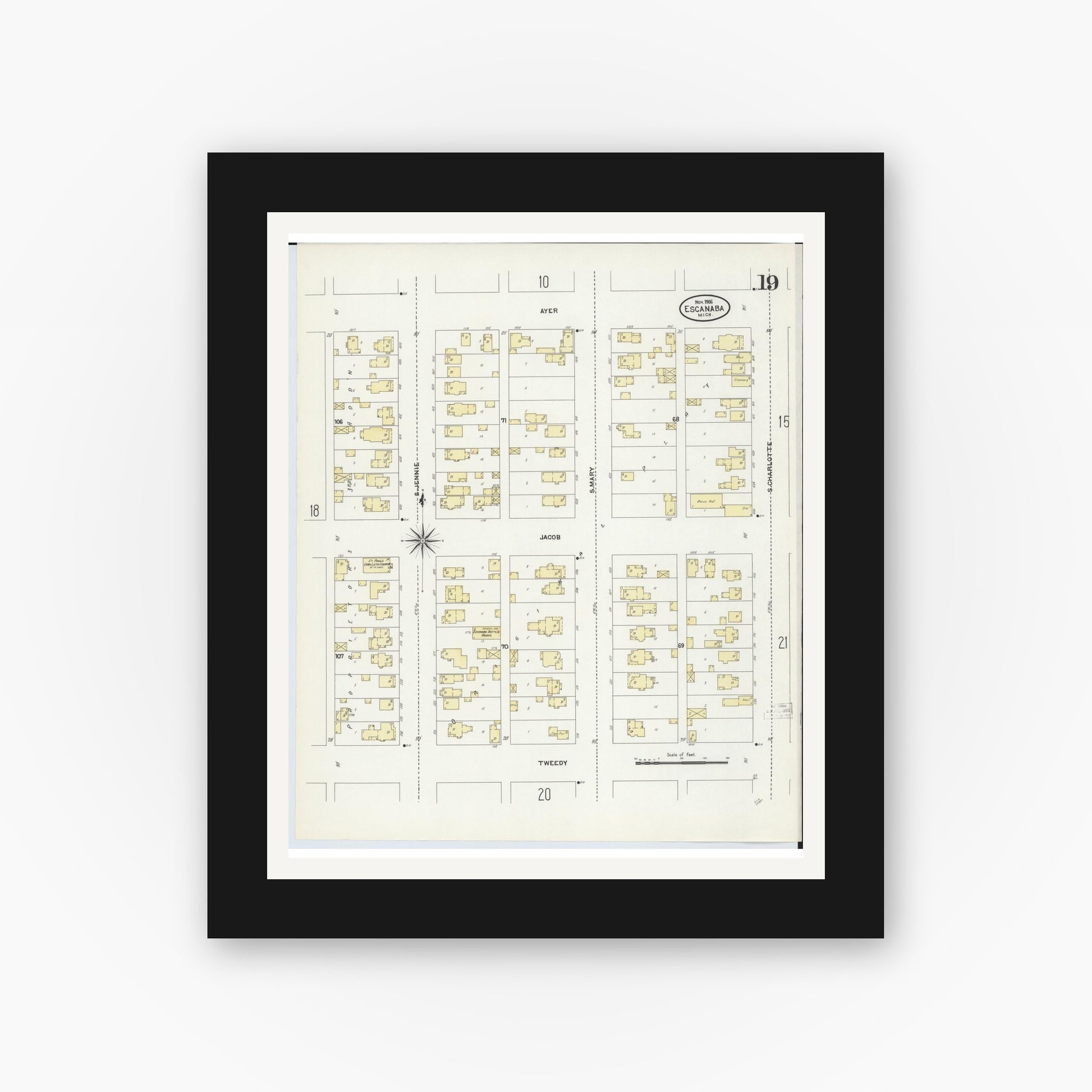 Old map wall art mockup — black gallery frame with white mat — Sanborn Fire Insurance Map from Escanaba, Delta County, Michigan (1906), Sheet #0019