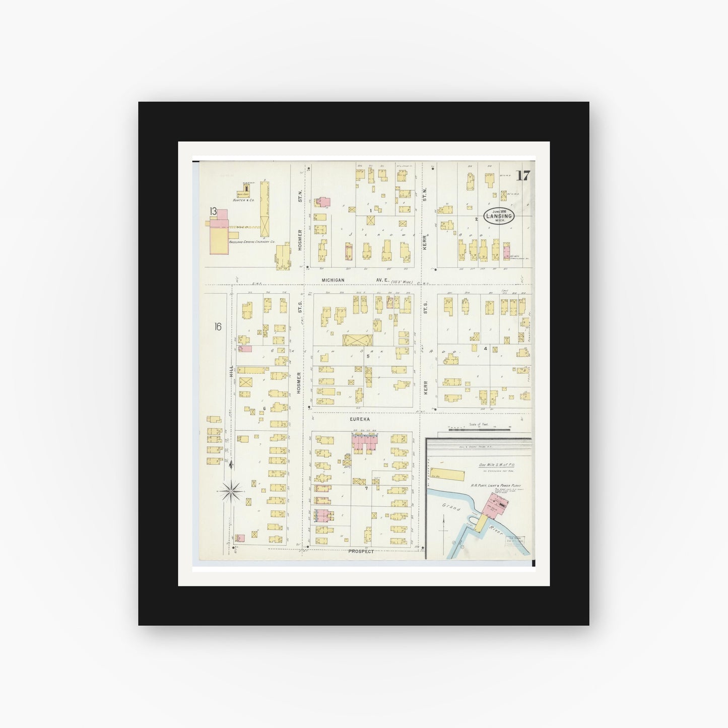 Old map wall art mockup — black gallery frame with white mat — Sanborn Fire Insurance Map from Lansing, Ingham County, Michigan (1898), Sheet #0017
