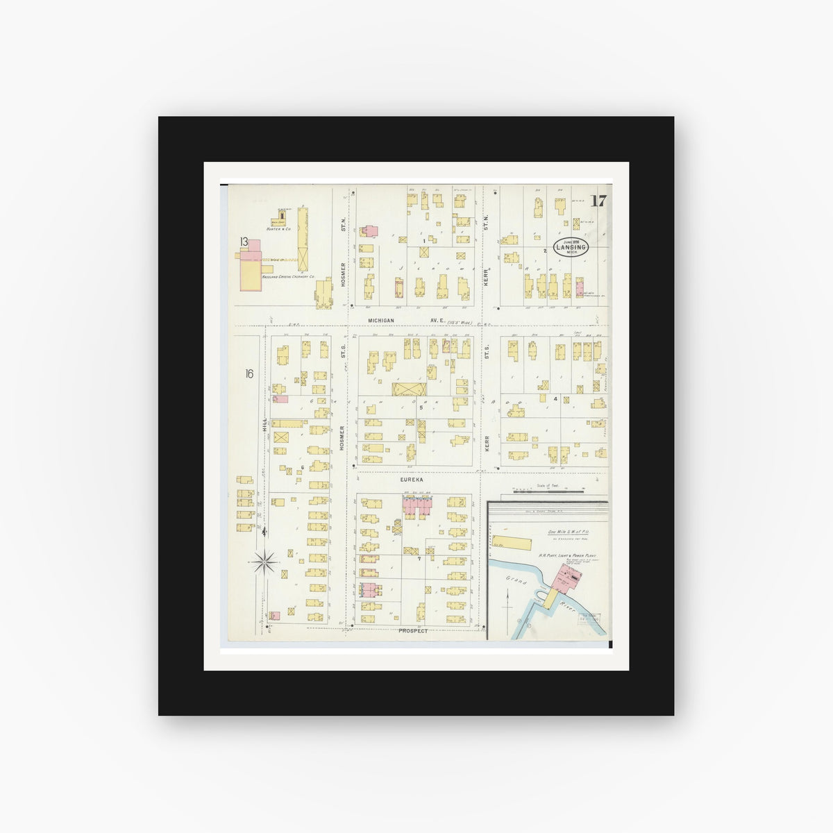 Old map wall art mockup — black gallery frame with white mat — Sanborn Fire Insurance Map from Lansing, Ingham County, Michigan (1898), Sheet #0017