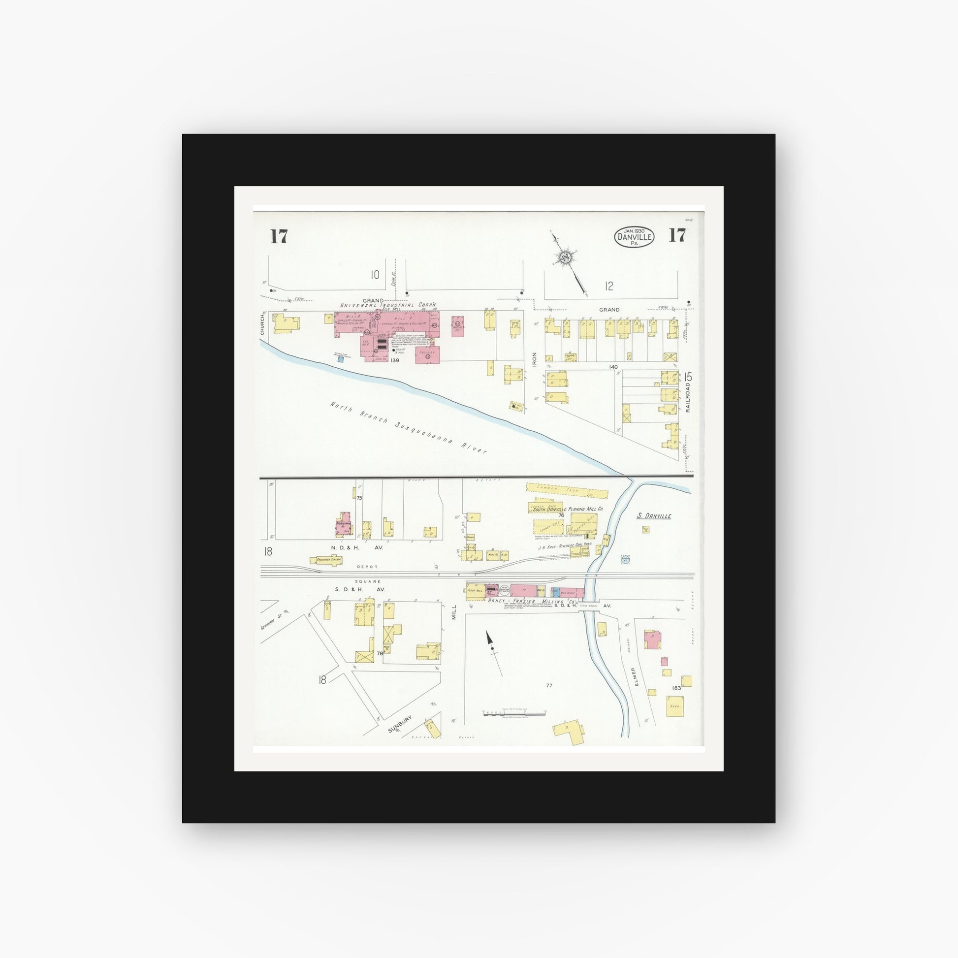 Old map wall art mockup — black gallery frame with white mat — Sanborn Fire Insurance Map from Danville, Montour County, Pennsylvania (1930), Sheet #0017