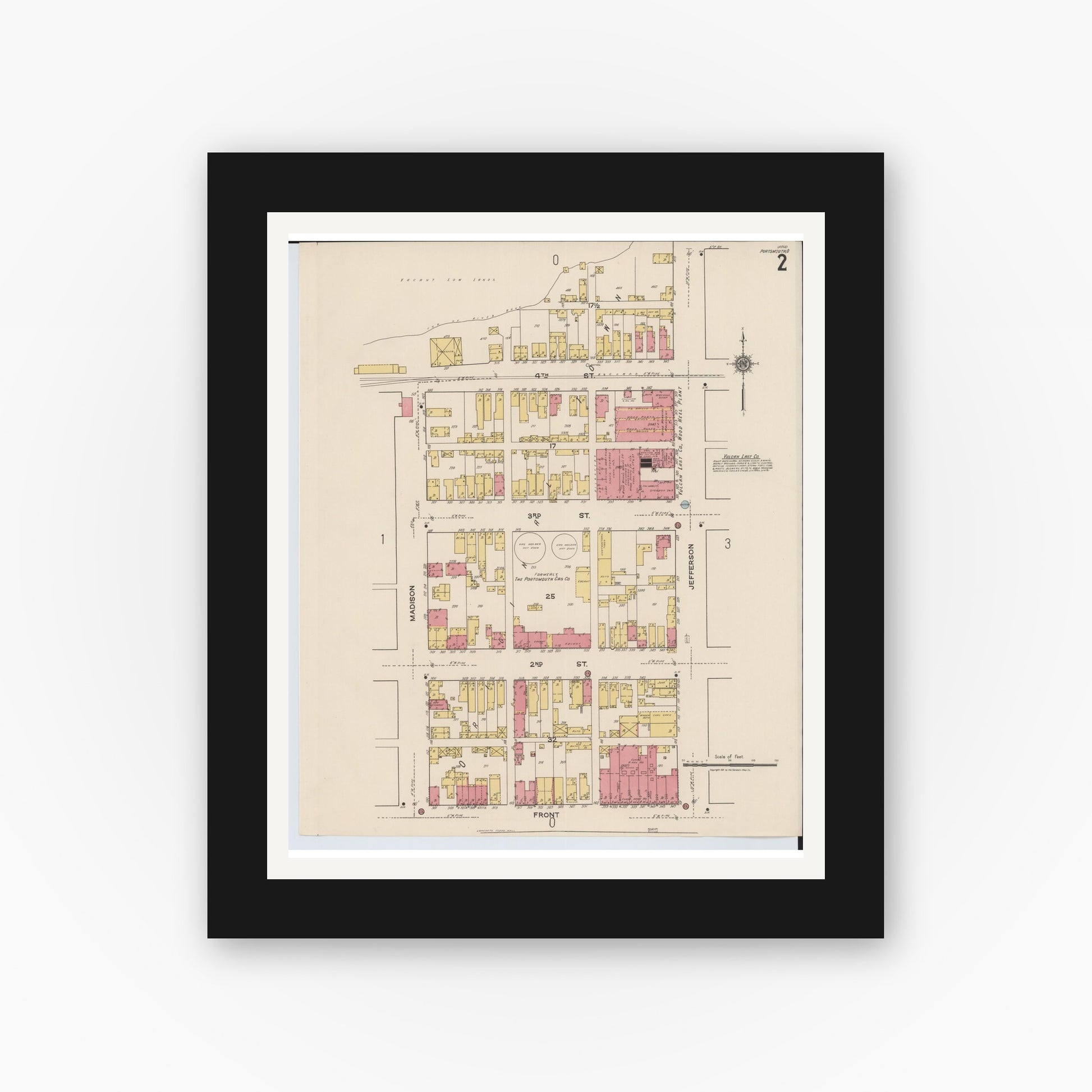 Old map wall art mockup — black gallery frame with white mat — Sanborn Fire Insurance Map from Portsmouth, Scioto County, Ohio (1921), Sheet #0002