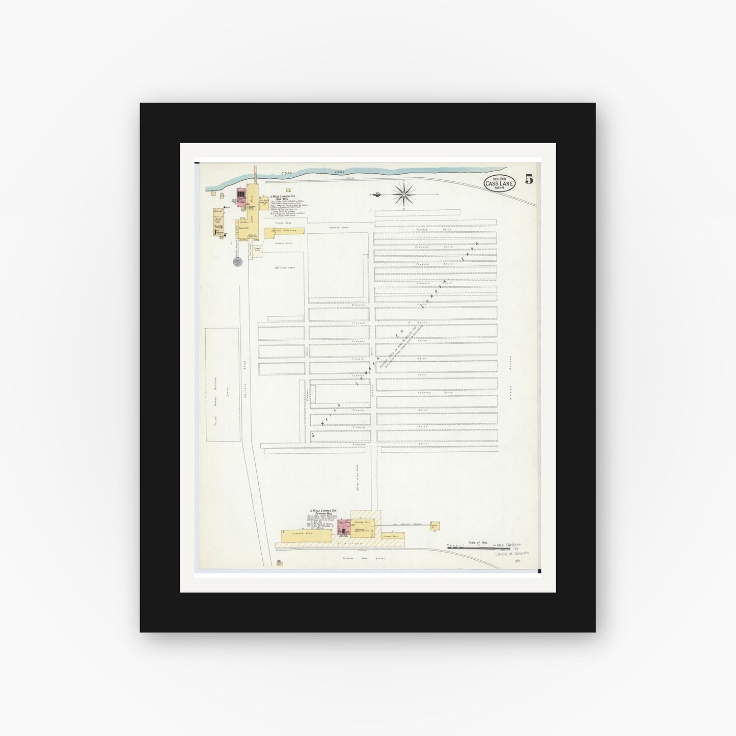 Old map wall art mockup — black gallery frame with white mat — Sanborn Fire Insurance Map from Cass Lake, Cass County, Minnesota (1908), Sheet #0005