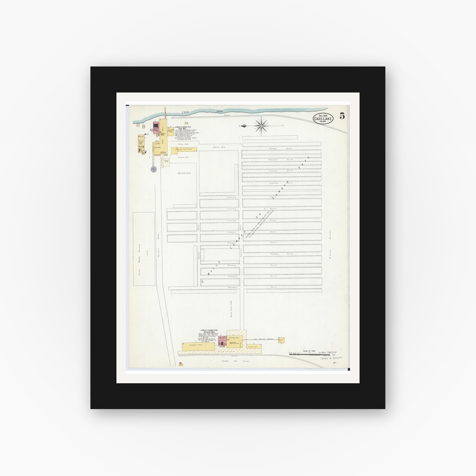 Old map wall art mockup — black gallery frame with white mat — Sanborn Fire Insurance Map from Cass Lake, Cass County, Minnesota (1908), Sheet #0005