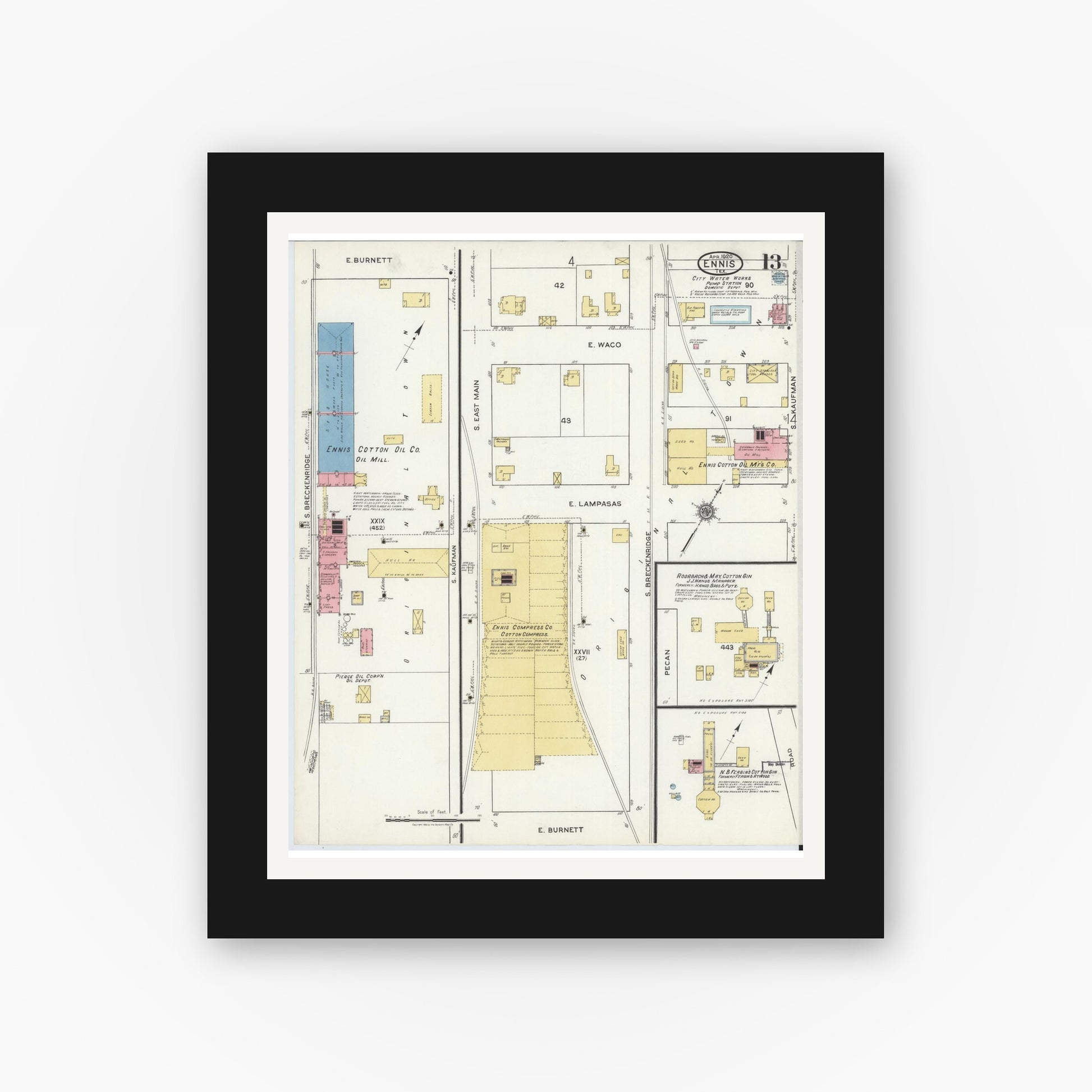 Old map wall art mockup — black gallery frame with white mat — Sanborn Fire Insurance Map from Ennis, Ellis County, Texas (1920), Sheet #0013